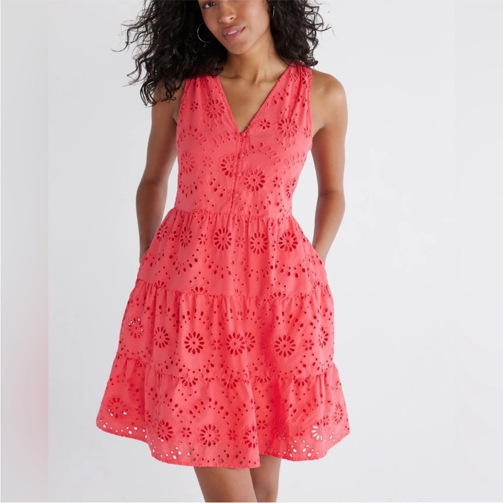 Eyelet tiered coral dress